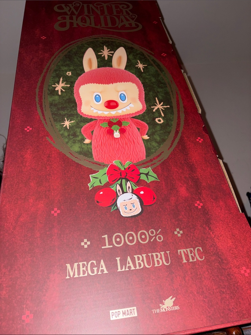 POP MART The Monsters 1000% Mega Labubu Tec Winter Holiday Art Figure  - Red